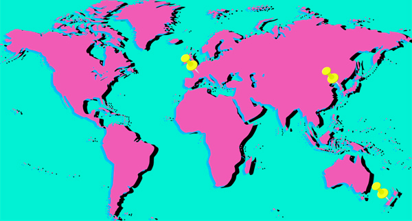 A world map with France, New Zealand, and South Korea pinned.